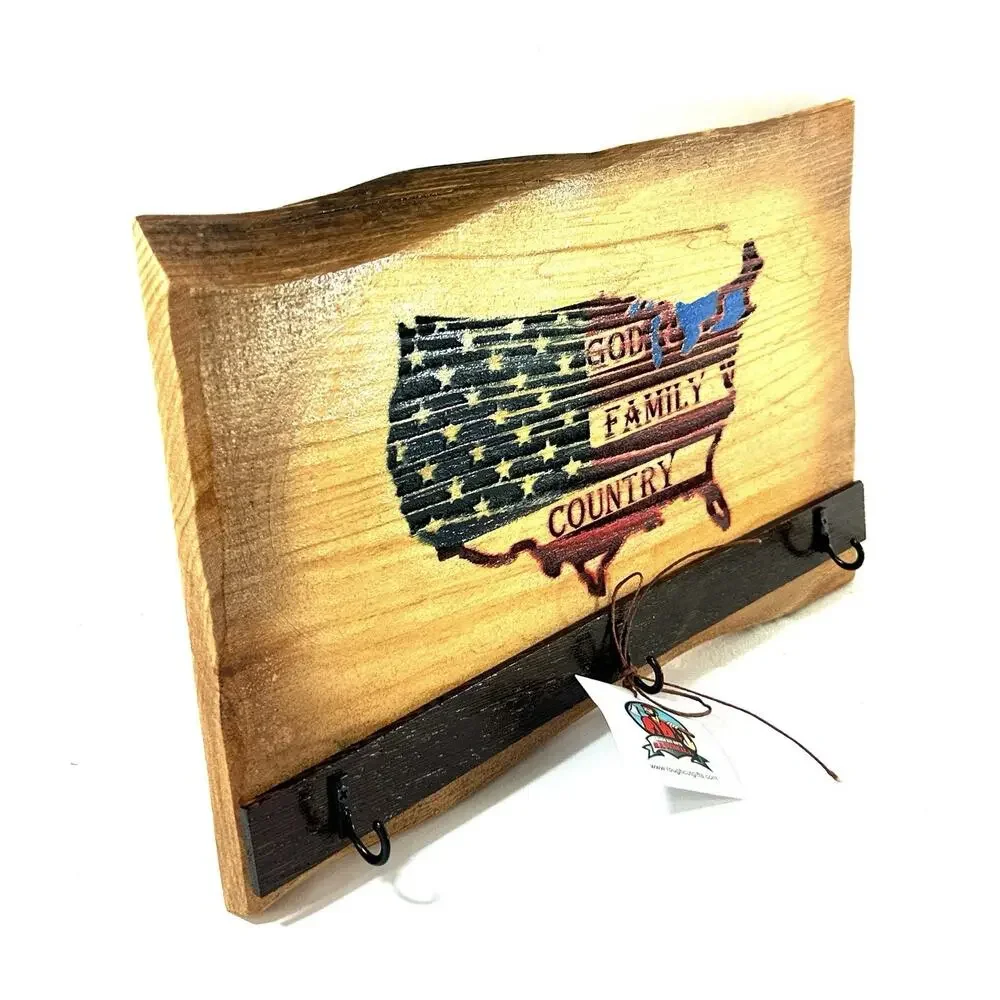 Live Edge Wooden Key Holder Wall Rack God Family Country USA Flag 3 Hooks